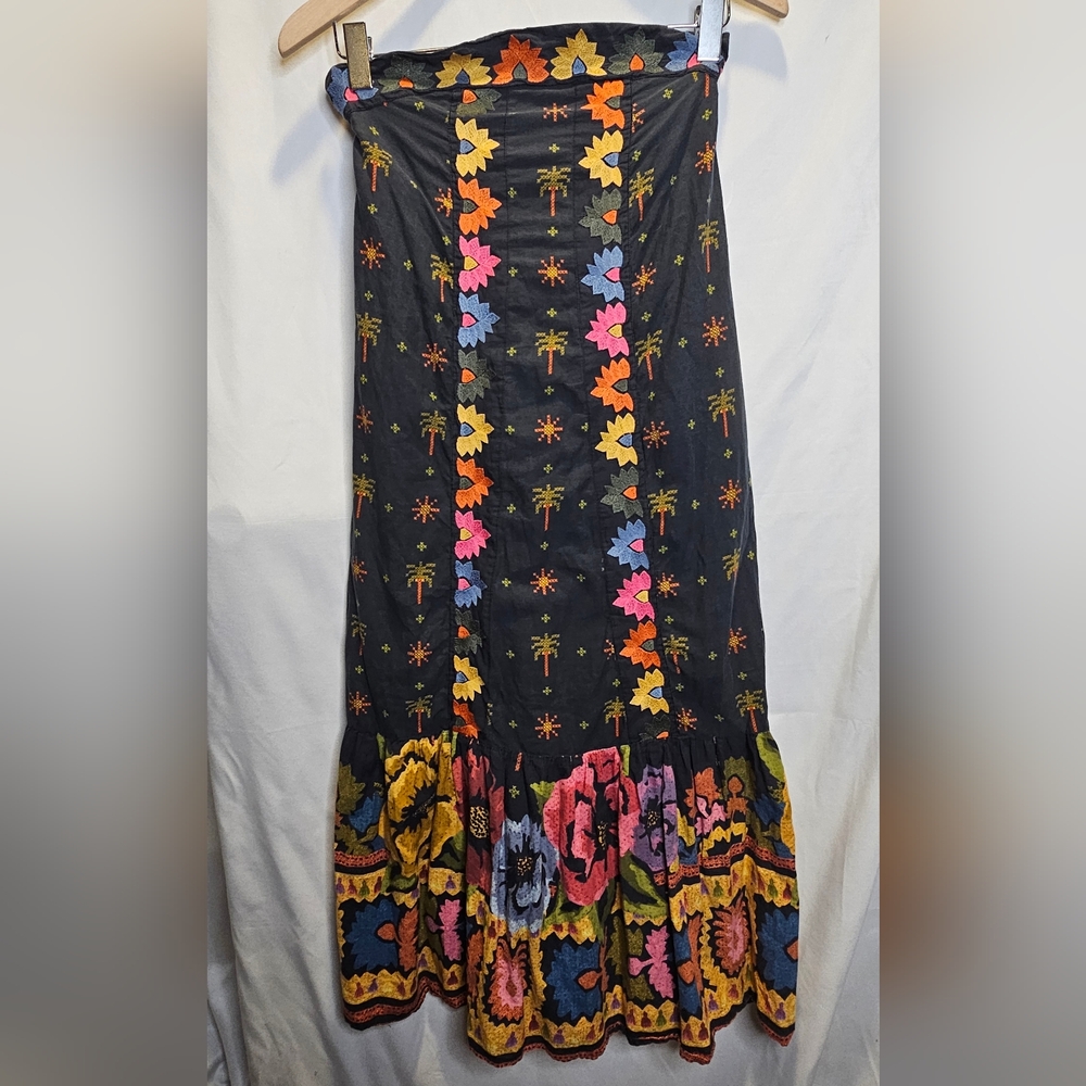 Anthropologie Farm Rio Embroidered Dress Strapless Black Folklore Size XS